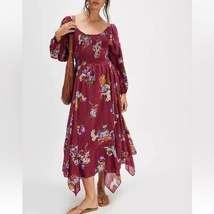 Free People Morning Glory Burgundy Smoked Floral Dress